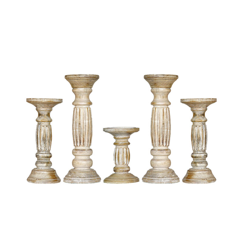 Traditional Antique White Eco-friendly Handmade Mango Wood Set Of Five 9",12",15",12" & 9" Pillar Candle Holder