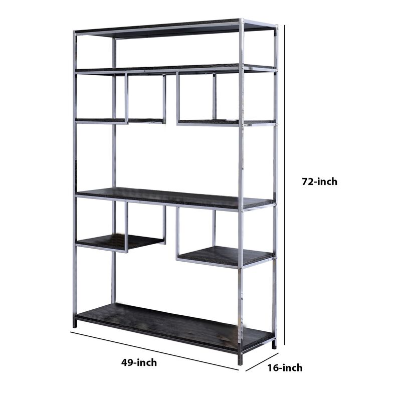 Etagere Bookshelf with 7 Shelves and Geometric Pattern,Silver and Dark Gray-Benzara