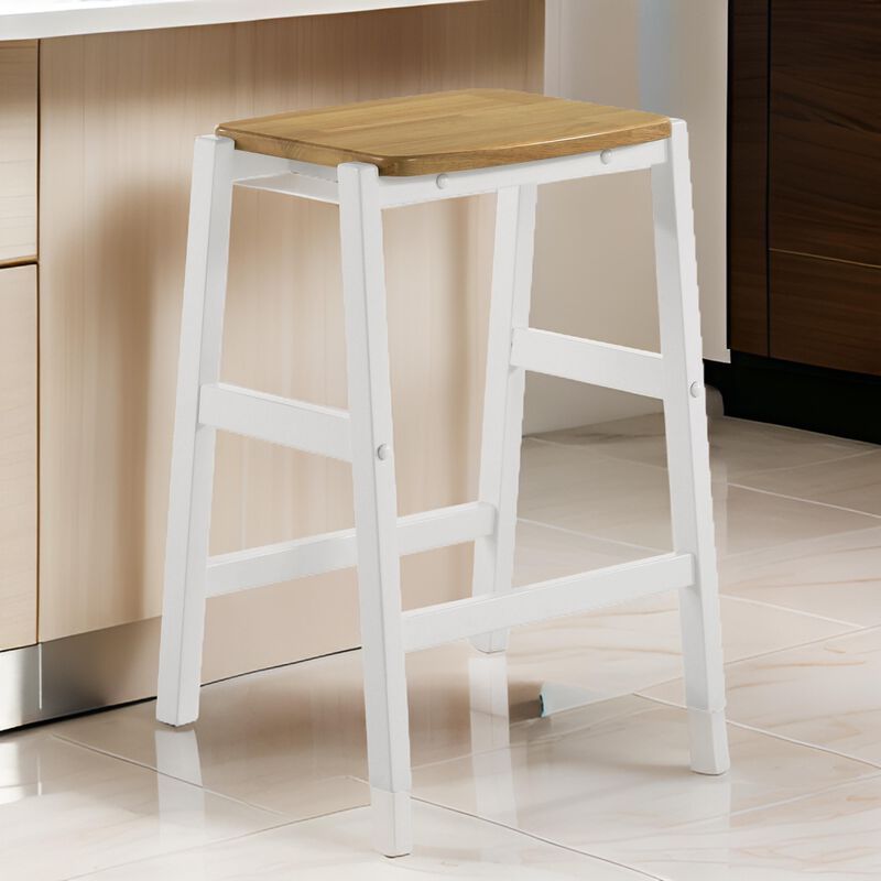 Hoa 24 Inch Counter Height Stool Set of 2, Footrest, White Brown Solid Wood - Benzara