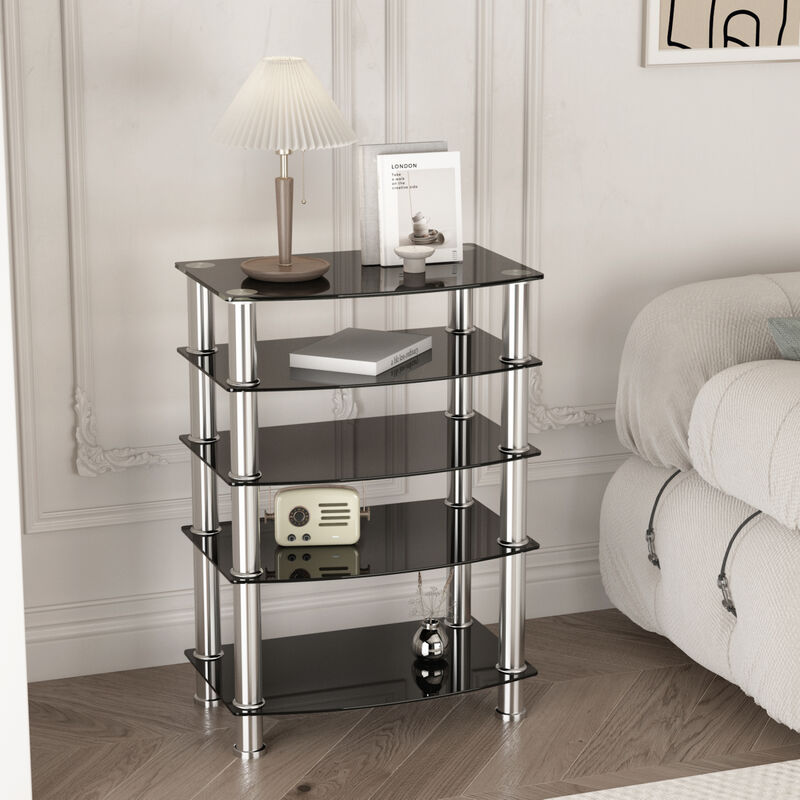 5-Tier Tempered Glass Side Table Stainless Steel Frame End Table For Living Room, Bedroom, Black