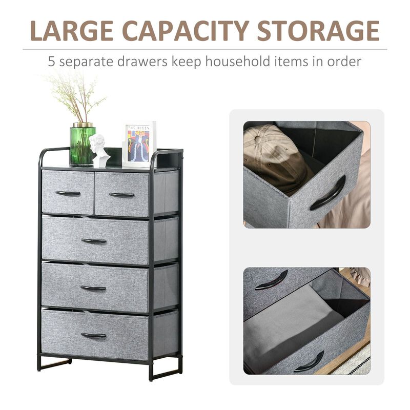 Gray Bedroom Organizer: 5-Drawer Dresser with Steel Frame and Wooden Top