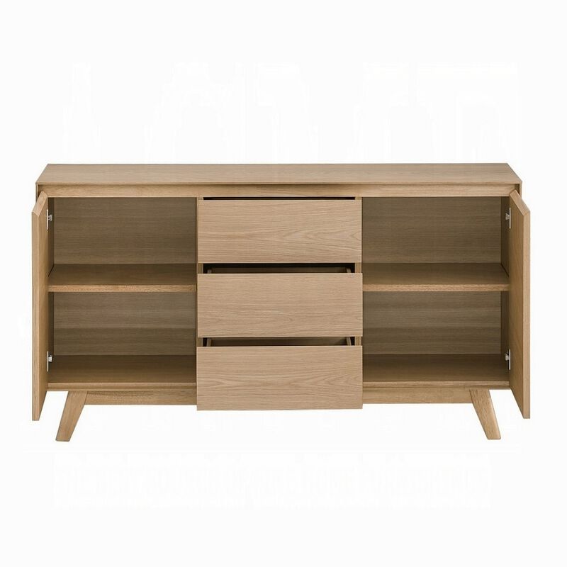 Semi Sideboard Buffet Console, 3 Drawers, 2 Cabinets, Oak Brown Wood - Benzara