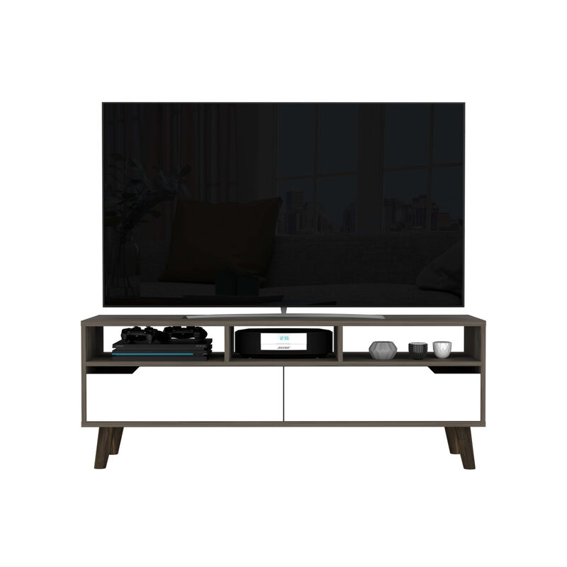DEPOT E-SHOP Kobe Tv Stand for TV´s up 52", Three Open Shelves, Two Flexible Drawers, Dark Walnut / White