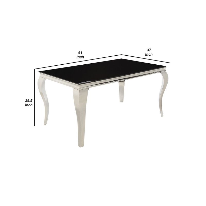 Dining Table with Glass Top and Metal Legs, Black and Chrome-Benzara