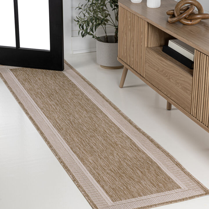 Hali Coastal Casual Wide Stripe Border Beige/Cream 2 ft. x 8 ft. Indoor/Outdoor Runner Rug