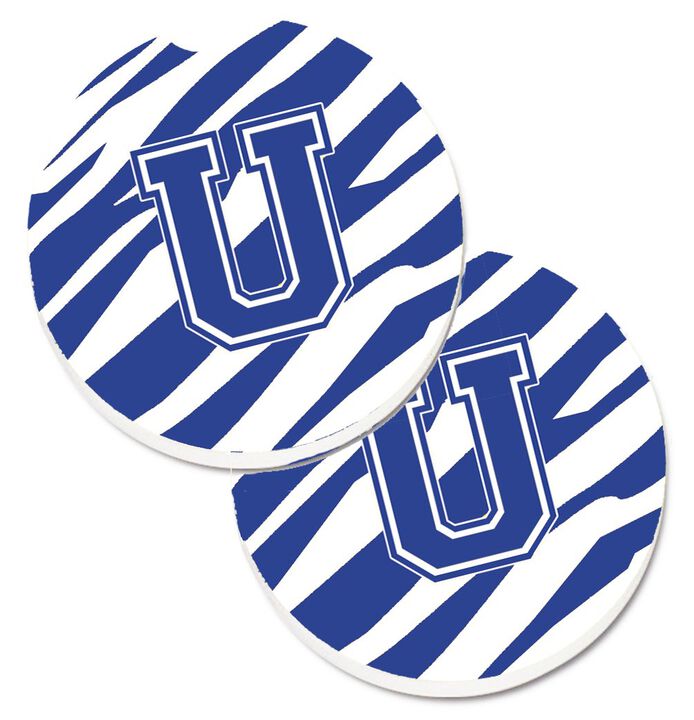 Caroline's Treasures Monogram Initial U Tiger Stripe Blue & White Set of 2 Cup Holder Car Coasters CJ1034-UCARC, 2.56, Multicolor