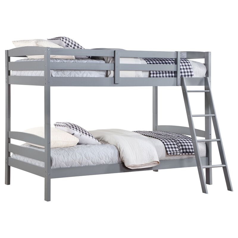 Diana Twin Over Twin Bunk Bed, Safety Rails, Slanted Ladder, Gray Wood - Benzara