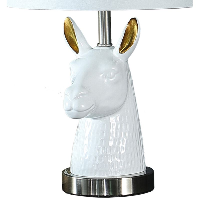 Metal Table Lamp with Llama Animal Head, White-Benzara