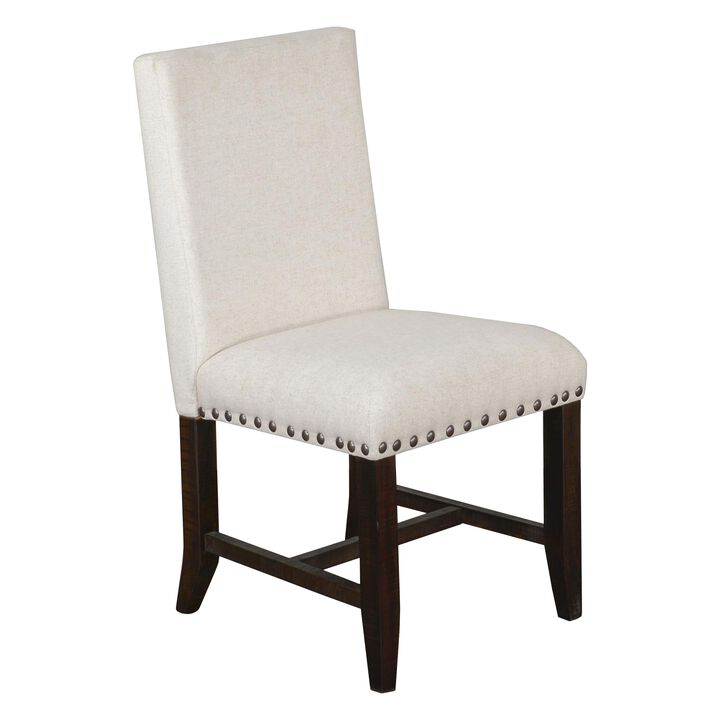 Anva Dining Chair Set of 2, Ivory, Nailhead Trim, Black Mahogany - Benzara
