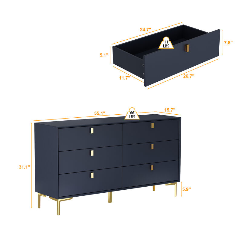 White 6-Drawers 55.1 in. Width Classic Wooden Chest of Drawers, Dresser, Storage Cabinet with Golden Legs and Handles