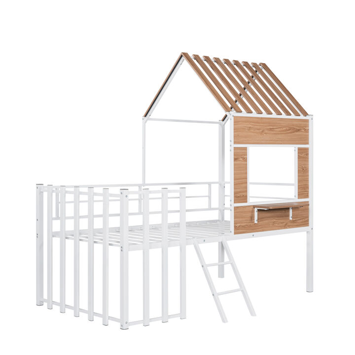 Metal Twin Size Loft Bed With Roof, Window, Guardrail, Ladder