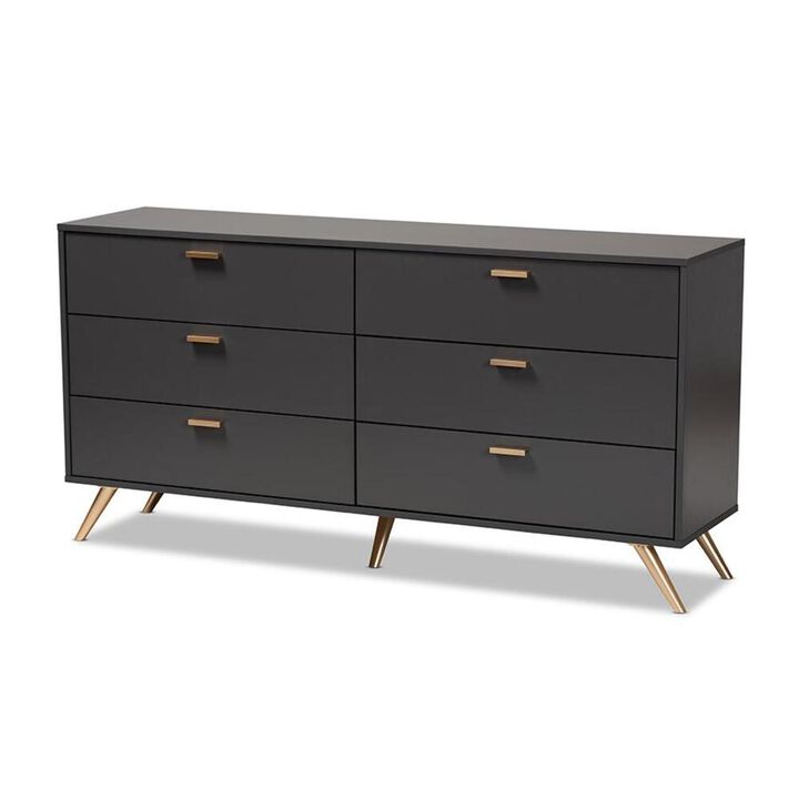 Baxton Studio Kelson Modern and Contemporary Dark Grey and Gold Finished Wood 6-Drawer Dresser
