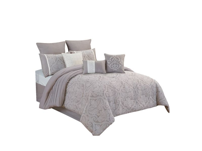 King Size 10 Piece Fabric Comforter Set with Medallion Prints, White - Benzara