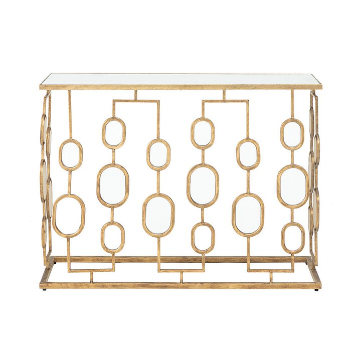 39 Inch Iron Console Table, Modern Contemporary Mirror Top, Rustic Gold-Benzara