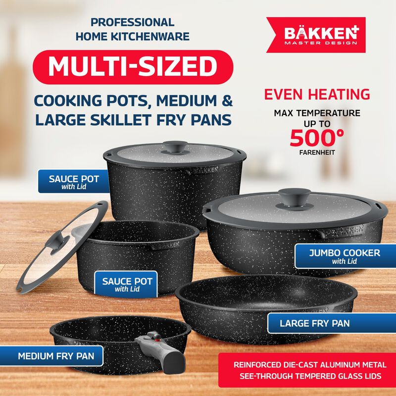 Bakken Master 38 Piece Granite Cookware and Bakeware Set – Nonstick Granite Coating, Pots and Pans with Detachable Handles and Tempered Glass Lids, 6-piece Bakeware set, 12-piece Mixing Bowls