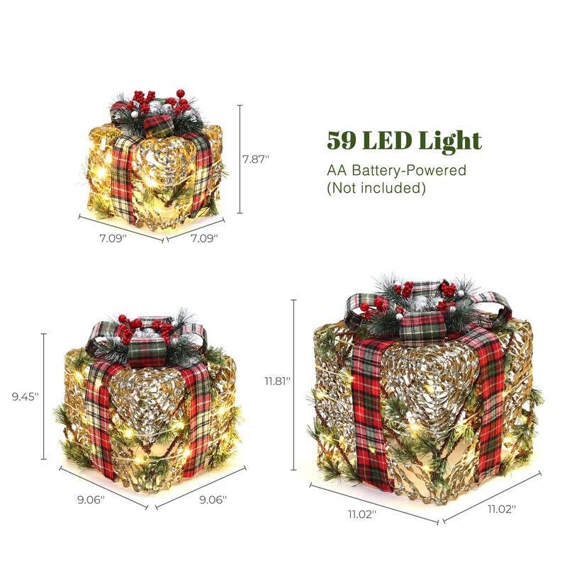 LuxenHome 3-Piece Artificial Pine Branches Giftbox Holiday Decoration Set with Battery Operated Lights