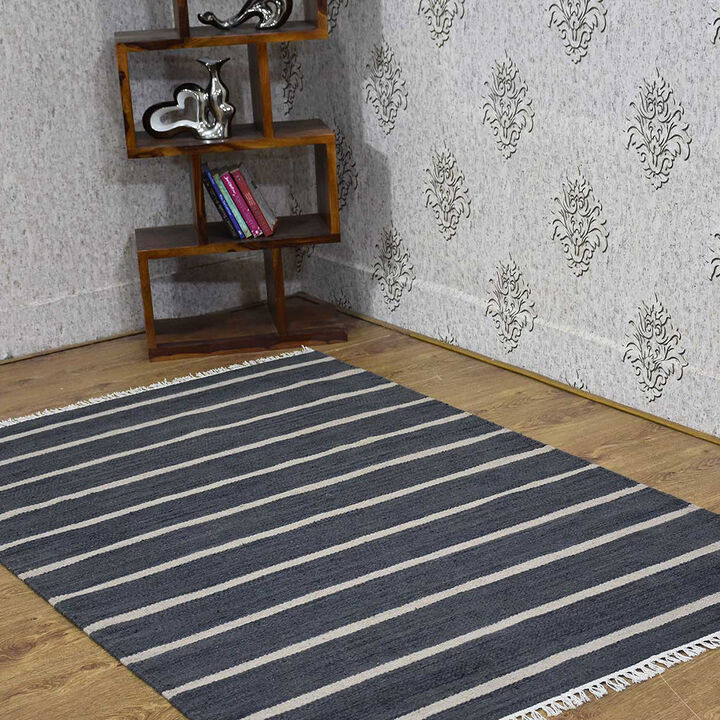 RUGSOTIC CARPETS HAND WOVEN FLAT WEAVE KILIM WOOL ECO-FRIENDLY AREA RUGS  - 4'x6', Rectangle Shape, Charcoal Cream Color, Contemporary Design, Low Pile Handmade Rugs for Living Room (D00116)