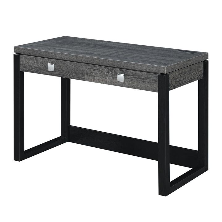Convenience Concepts Newport 2 Drawer Desk With Charging Station, Weathered Gray/Black
