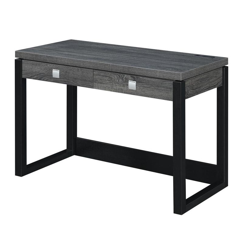 Convenience Concepts Newport 2 Drawer Desk With Charging Station, Weathered Gray/Black