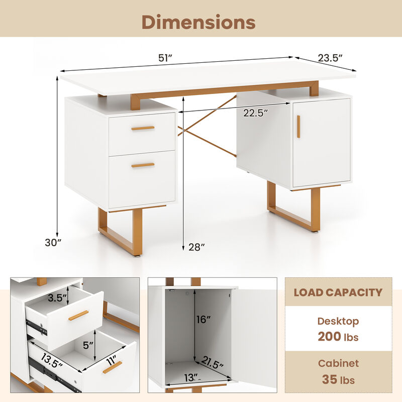 Computer Desk with Floating Desktop Design and Dual Storage Drawers