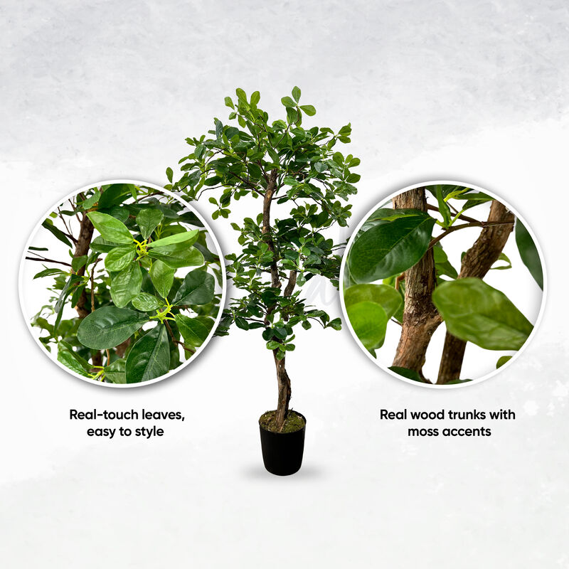 Handmade 4' Artificial 3-Tier Black Olive Tree In Home Basics Plastic Pot Made with Real Wood and Moss Accents