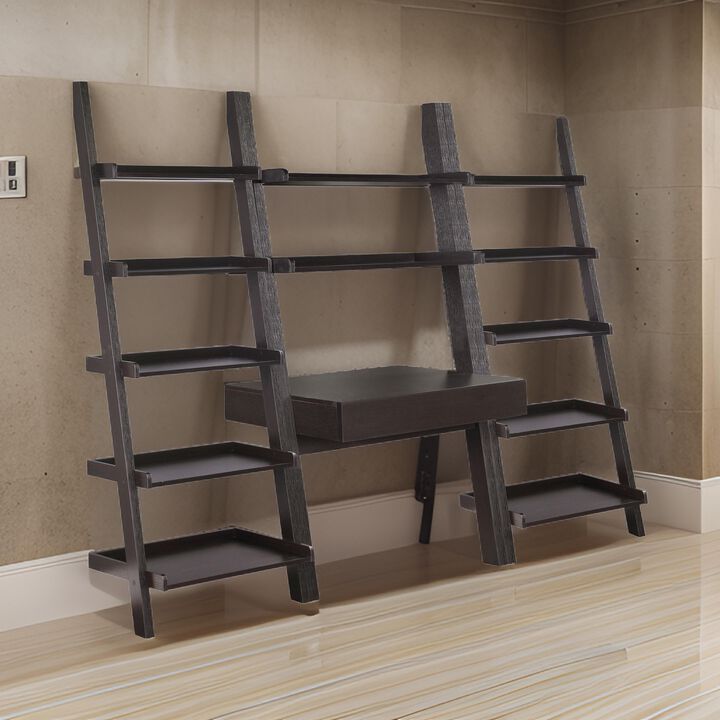 Api 3 Piece Angular Ladder Desk Set, 1 Drawer, 12 Shelves, Cappuccino Brown - Benzara