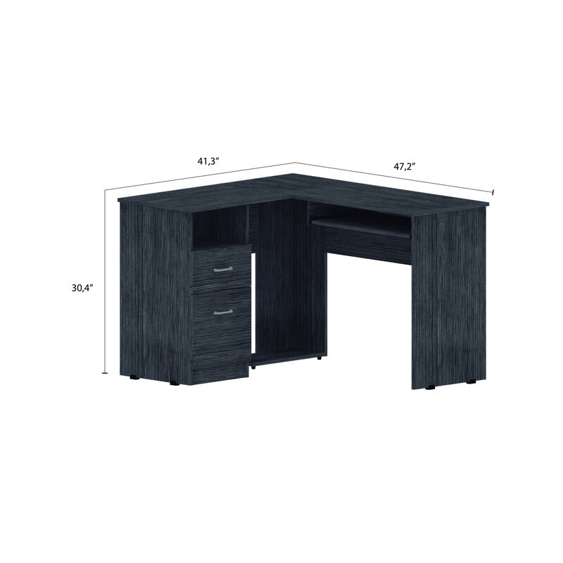 Mix L-Shaped Desk, Keyboard Tray, Two Drawers, Single Open Shelf - Smokey Oak