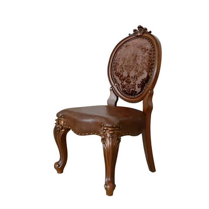 Kai 25 Inch Set of 2 Dining Chair, Scrolled Legs Tufted Faux Leather, Brown-Benzara