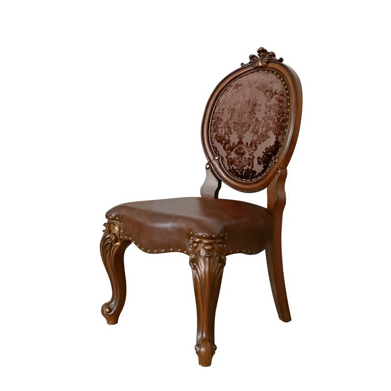 Kai 25 Inch Set of 2 Dining Chair, Scrolled Legs Tufted Faux Leather, Brown-Benzara