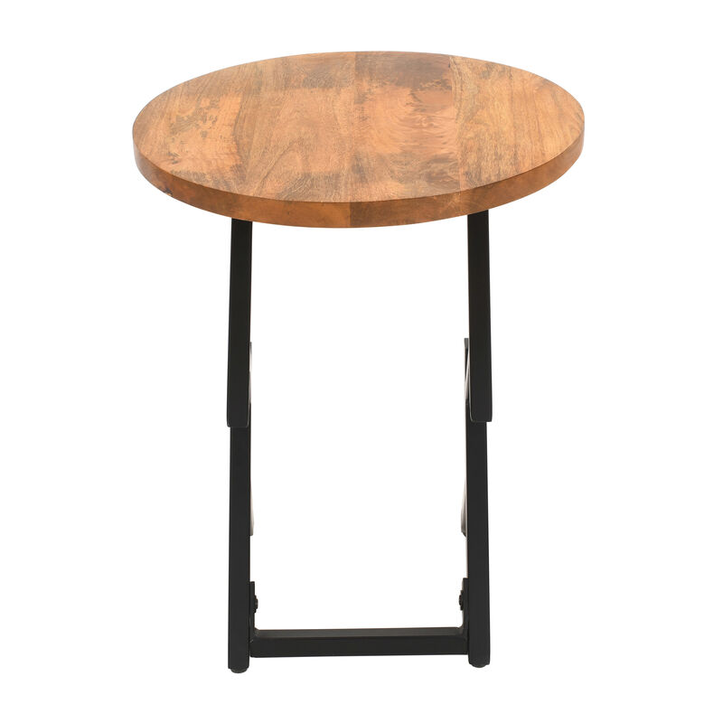 23 Inch Side End Table, Natural Brown Round Wood Top, Modern Black Angled Iron Legs - Benzara