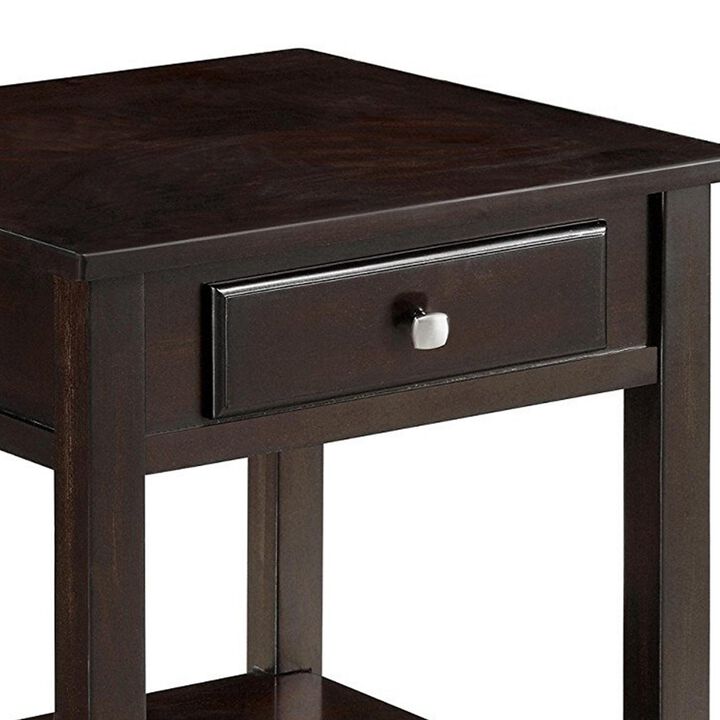 Wooden End Table With Drawer and Bottom Shelf, Walnut Brown-Benzara