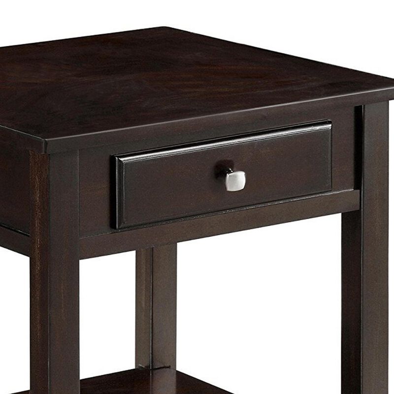 Wooden End Table With Drawer and Bottom Shelf, Walnut Brown-Benzara