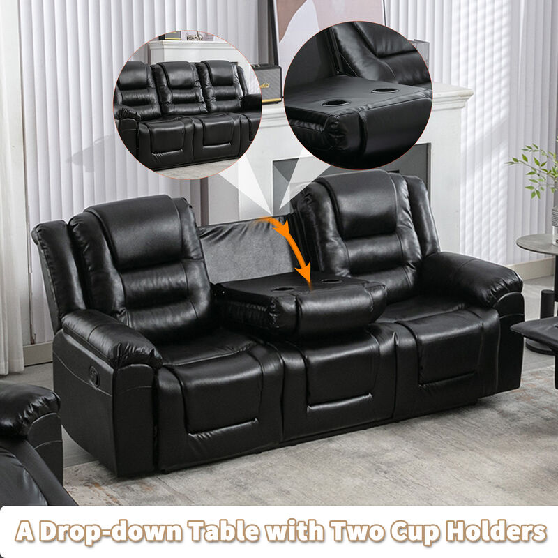 3 Seater Home Theater Recliner Manual Recliner Chair with Two Built-in Cup Holders for Living Room,Bedroom, Grey