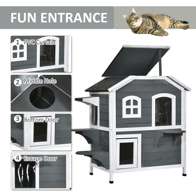 Grey Feline Fortress: 2-Story Wooden Outdoor Cat House with Escape Door