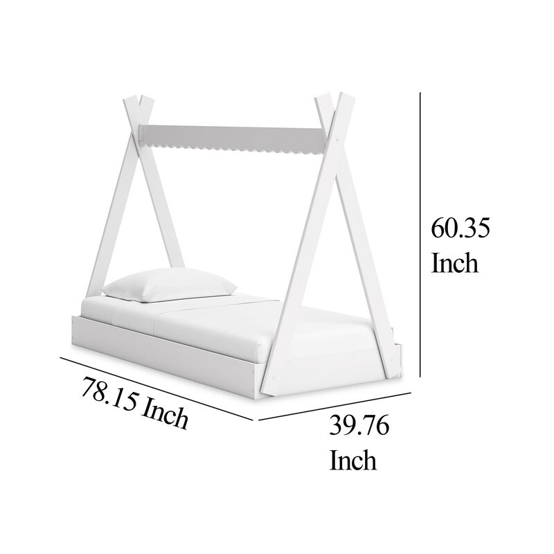 Kally Twin Size Floor Bed, Tent Style Design, Matte White Wood - Benzara