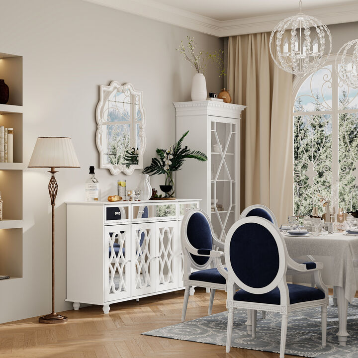 White Paint 4 Doors Mirrored Buffet Cabinet Sideboard With 3 Mirror Drawers and Adjustable Shelves for Kitchen Dining