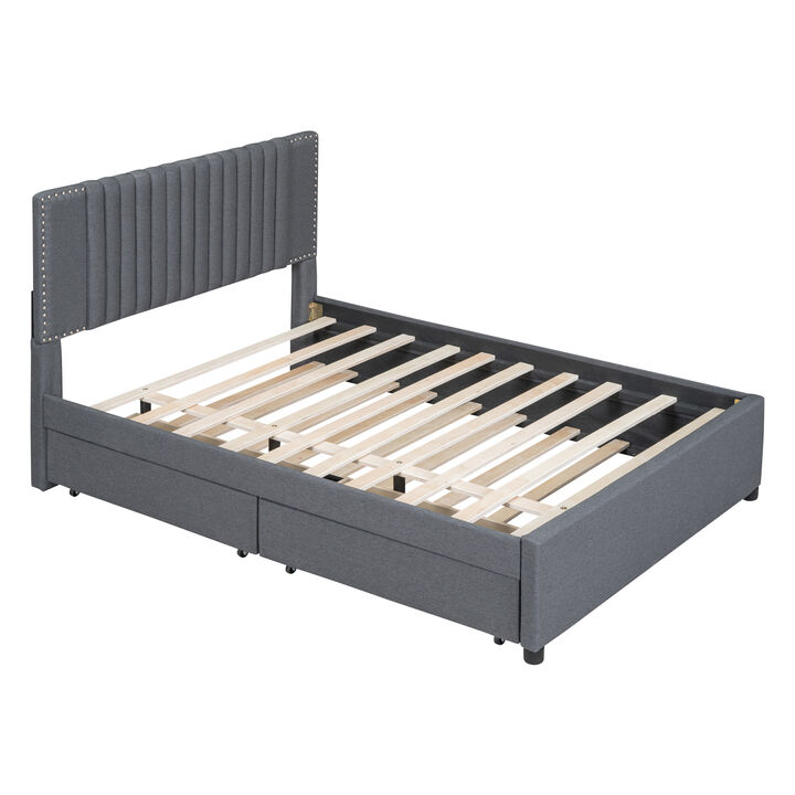 Full Size Upholstered Platform Bed With 2 Drawers And 1 Twin Size Trundle, Classic Headboard Design