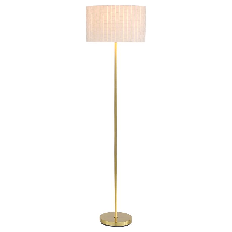 Nek 66 Inch Floor Lamp, Basketweave Drum Shade, Ivory Fabric, Gold Metal - Benzara