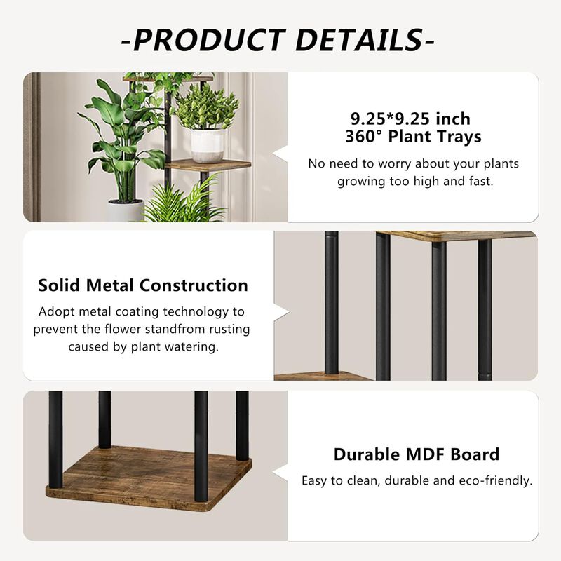 5 Tier-Black+Rustic Brown Shelving, Plant Stand, Interior Metal Flower Stand