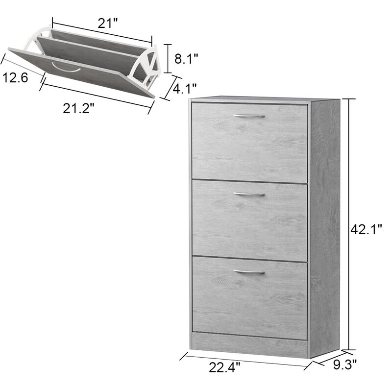 22.4 in. W x 42.1 in. H 24-Pair Gray Wood 3-Drawer Shoe Storage Cabinet with Foldable Compartments