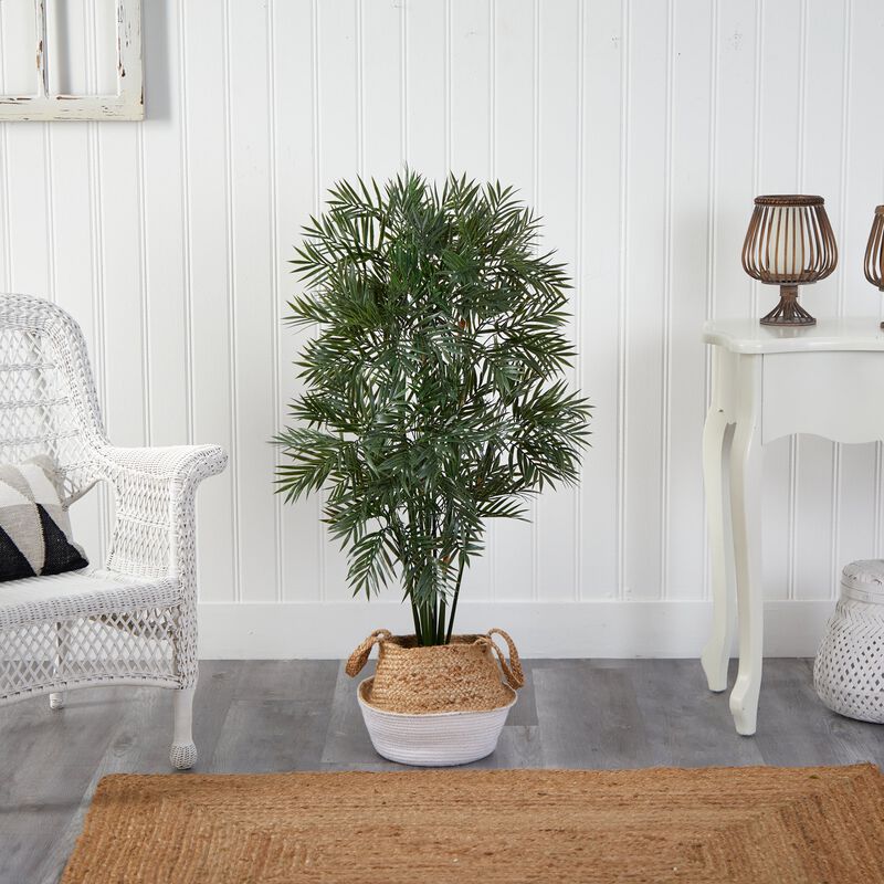 Hivvago 4 Feet Parlor Palm Artificial Tree in Boho Chic Handmade Cotton & Jute White Woven Planter