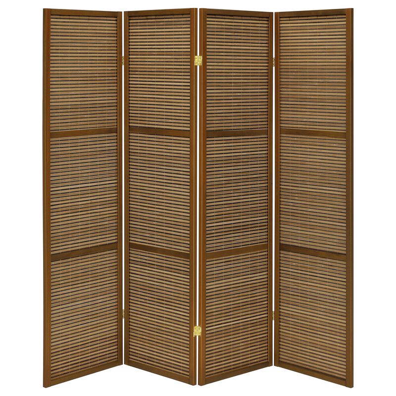 Rown 4 Panel Foldable Privacy Screen, Bamboo, Brown Pine Wood 70 Inch - Benzara