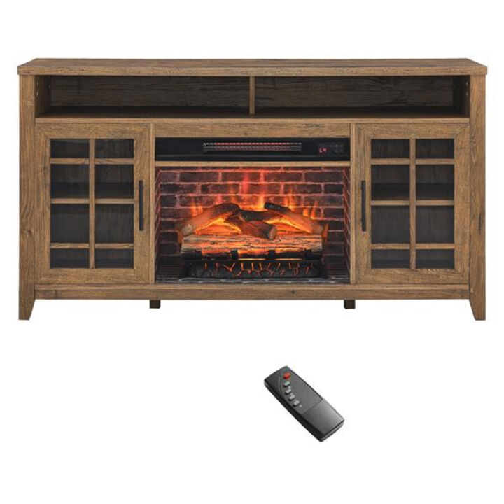 TV Media Stand with Electric Fireplace, KD Inserts Heater in Reclaimed Barnwood Finish