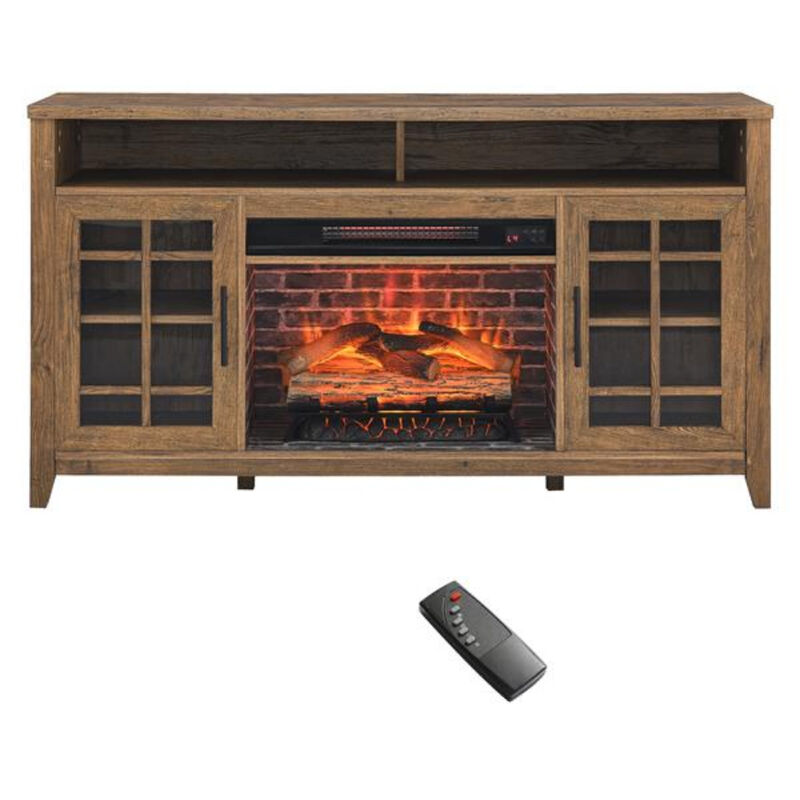 TV Media Stand with Electric Fireplace, KD Inserts Heater in Reclaimed Barnwood Finish