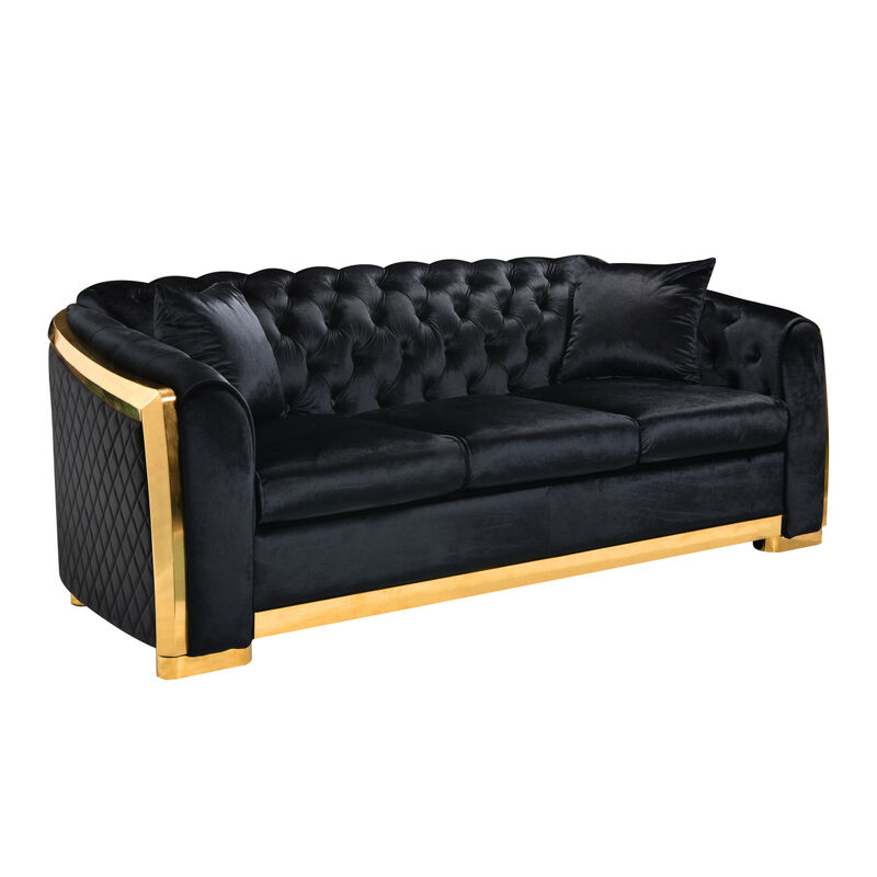 Tufted Velvet Sofa Set, Black with Gold Stainless