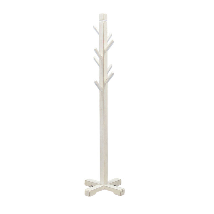 Rena Coat, Hat Rack Stand, 8 Wood Stems, 72 Inch Rustic White Mahogany - Benzara