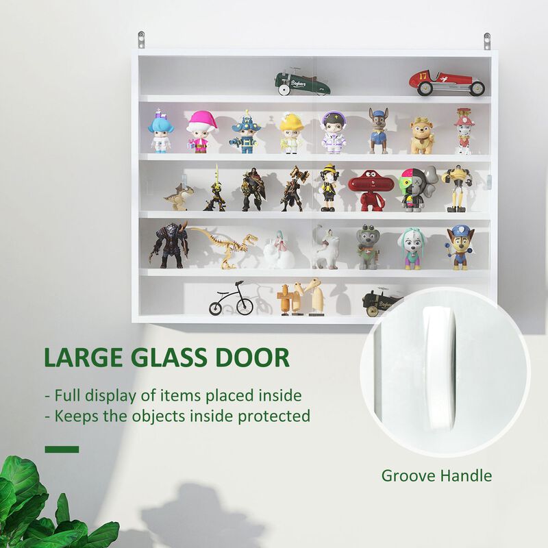 White Display Cabinet: 5-Tier Wall Shelf with Glass Doors