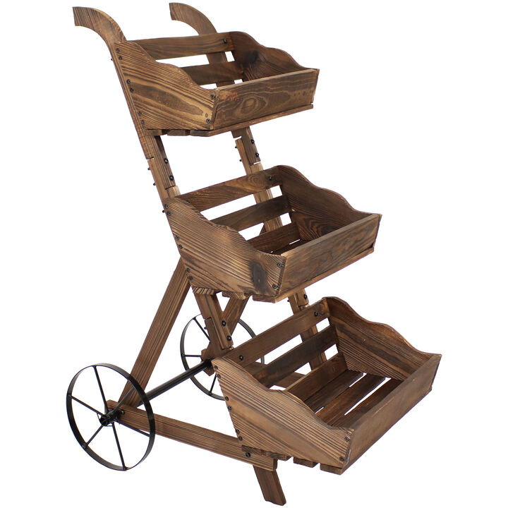 Sunnydaze 39.25 in 3-Tier Wood Rolling Planter Box with Iron Wheels - Brown