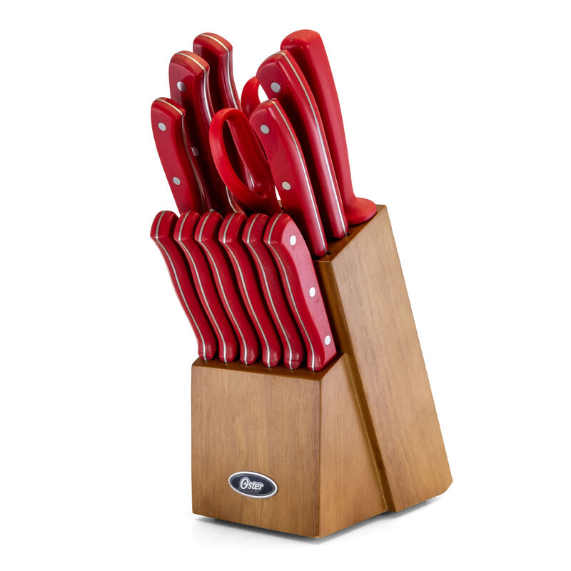 Oster Evansville 14 Piece Stainless Steel Cutlery Set with Red Handles