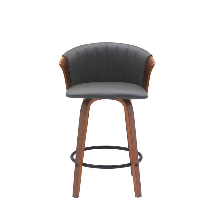 Oja 26 Inch Swivel Counter Stool Chair, Gray Faux Leather, Walnut Brown - Benzara
